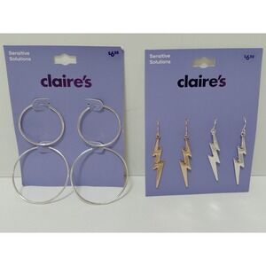 Claire's Sensitive Solutions Hoop & Lightning Bolt Earring Set Silver Gold Tone